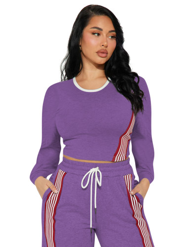 Fashion casual long sleeved top and side striped sports style pants two-piece set