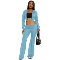 Fashion casual short top hooded cardigan solid color sports two-piece set Fashion casual short top hooded cardigan solid color sports two-piece set