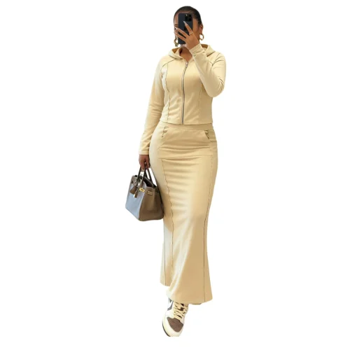 Solid color hooded split half skirt two-piece set