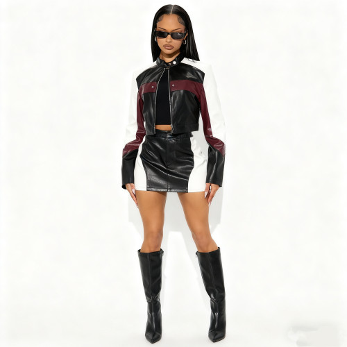 Fashion leather splicing motorcycle short skirt jacket two-piece set