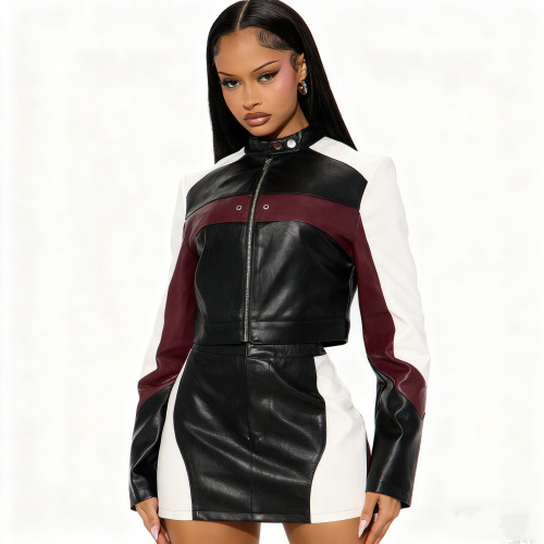 Fashion leather splicing motorcycle short skirt jacket two-piece set