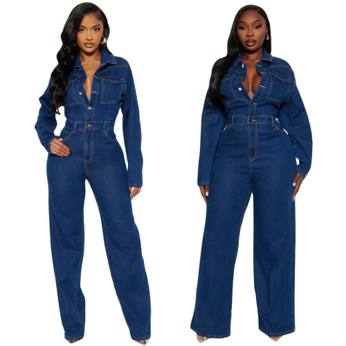 Slim fit elastic bell mouth wash long sleeved denim jumpsuit