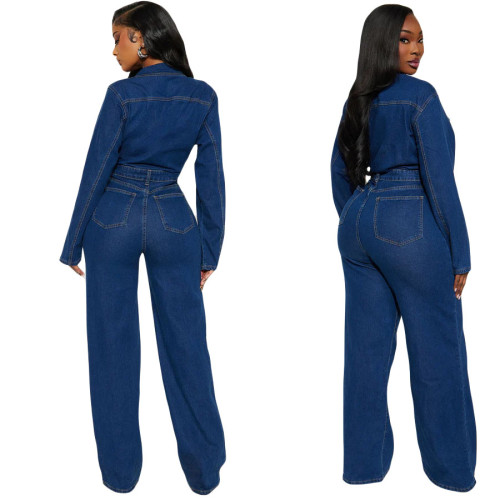 Slim fit elastic bell mouth wash long sleeved denim jumpsuit