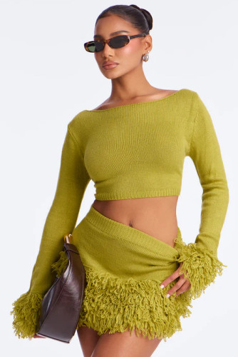 Autumn and Winter Knitted Hand Hook Tassel Long Sleeve Hip Wrapping Skirt Two Piece Set