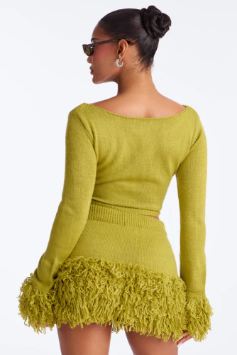 Autumn and Winter Knitted Hand Hook Tassel Long Sleeve Hip Wrapping Skirt Two Piece Set