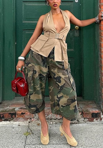 Street trendsetters fashion casual camouflage workwear style pocket loose wide leg pants