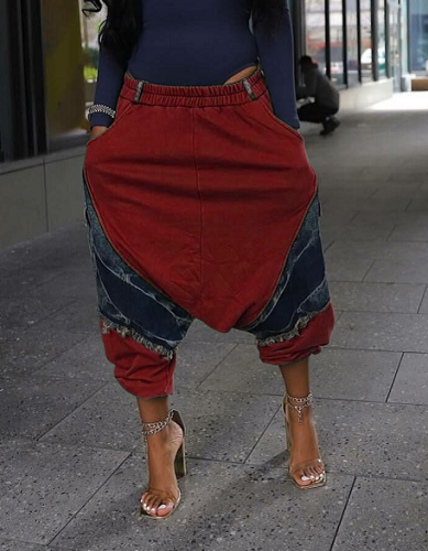 Elastic waistband patchwork denim loose Harun jeans