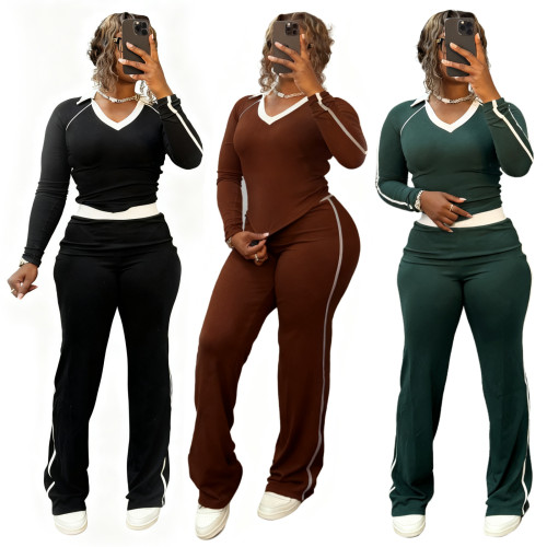 Fashionable sports and leisure color blocking splicing lapel high waist slim fit set