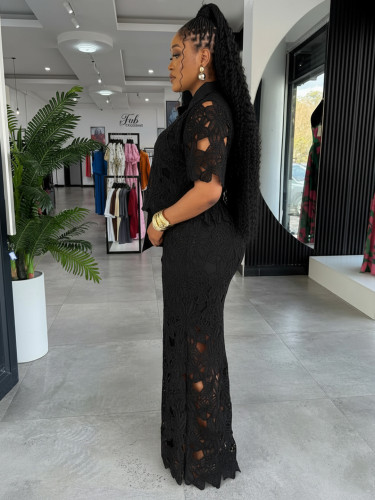 Elegant Commute Openwork Lace Wide Leg Strapped Two-Piece Set