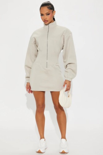 American style spicy girl standing collar long sleeved dress, women's tight fitting waist bag and hip skirt