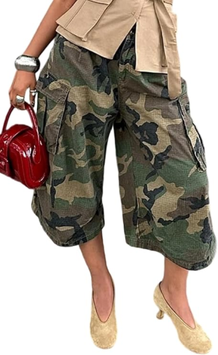 Street trendsetters fashion casual camouflage workwear style pocket loose wide leg pants