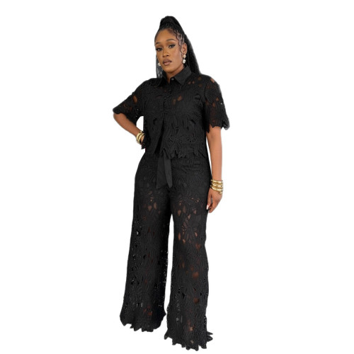 Elegant Commute Openwork Lace Wide Leg Strapped Two-Piece Set