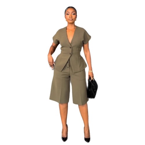 Elegant Commuter Shoulder Sleeve Waist Strap Middle Pants Two Piece Set