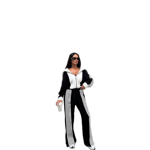 Striped velvet patchwork long sleeved zipper pants set