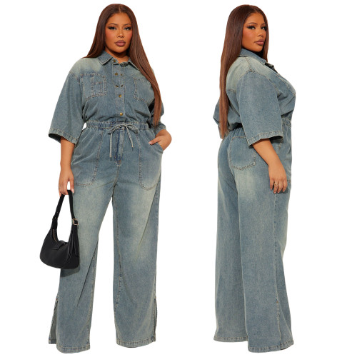 Elastic waist slim fit elastic wash denim jumpsuit jumpsuit with split flared pants