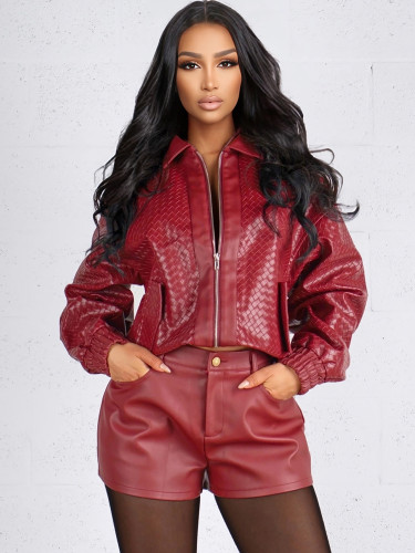 Knitted PU leather jacket for women, short style, lapel zipper, motorcycle jacket, European and American loose foreign trade women's top