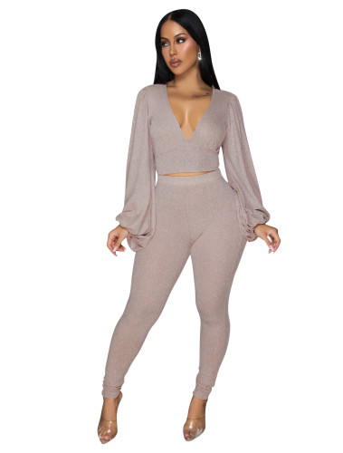 Deep V-neck backless strap short lantern sleeve top and tight pants two-piece set