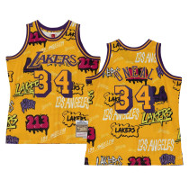 Mens Los Angeles Lakers Shaquille O'Neal Mitchell & Ness Slap Sticker Yellow Swingman 1996-97 Jersey