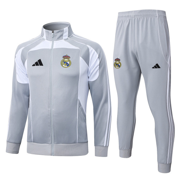 Mens Real Madrid Jacket + Pants Training Suit Light Grey 2025/26