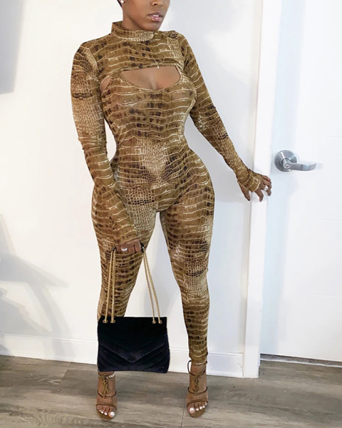 US$ 10.99 - Snakeskin Print Smock Jumpsuit Two-Piece Set - www.ace-sale.com