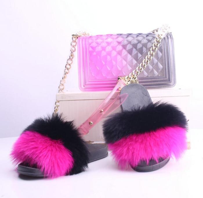 Match bags and Fur Slippers Shoes