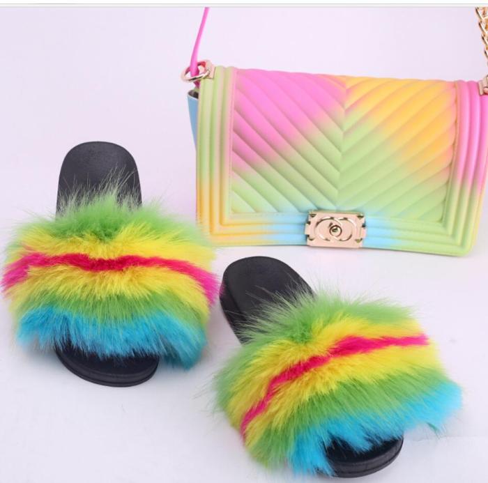 Match bags and Fur Slippers Shoes