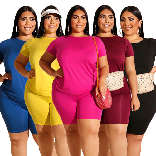 Plus Size Women Solid Color Two Piece Outfits