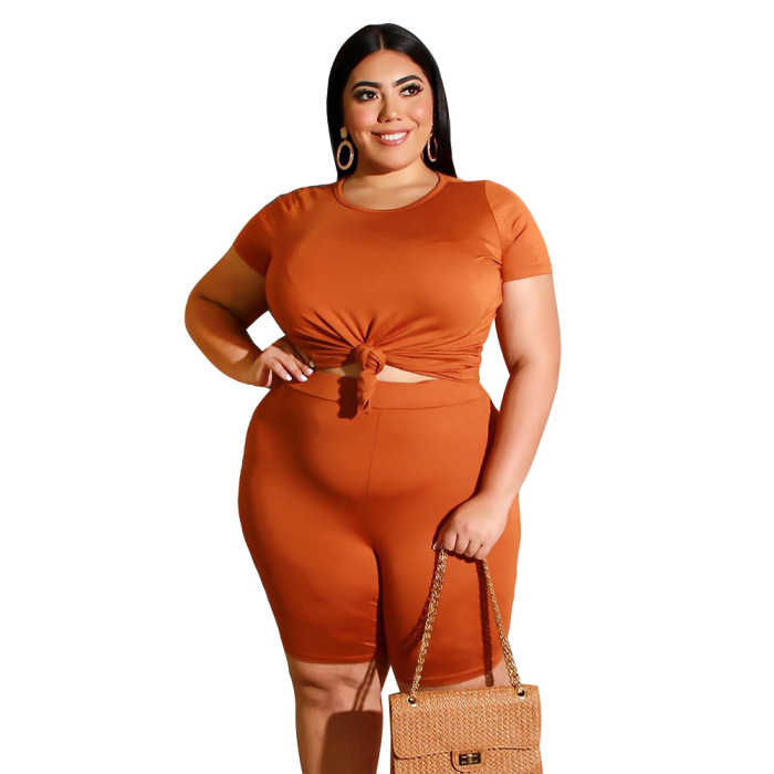 Plus Size Women Solid Color Two Piece Outfits