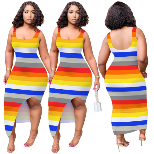 Stripe Color Print Summer Causal Dress