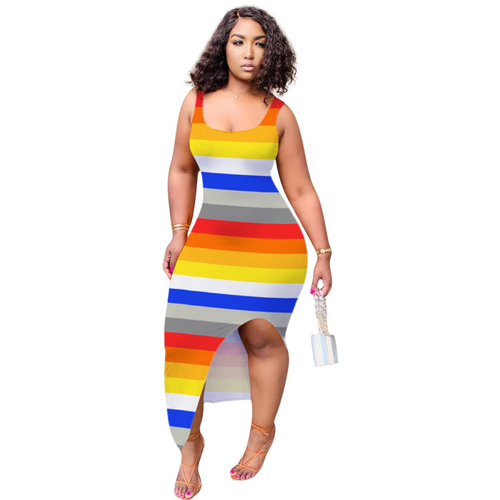 Stripe Color Print Summer Causal Dress