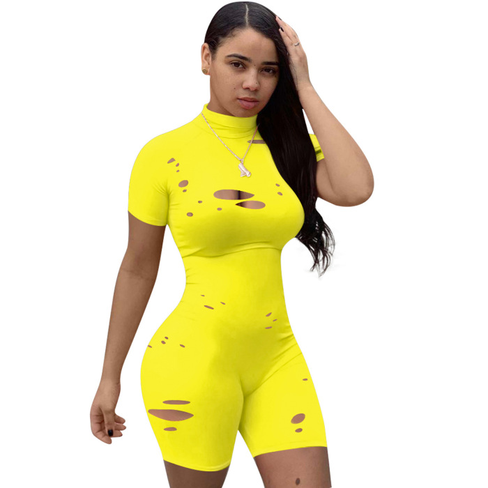Burnt Hole Solid Color Tight Jumpsuit