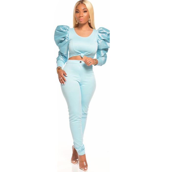 Bubble Sleeve Splicing Solid Color Two-Piece Set