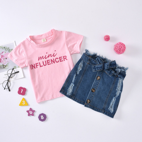 Girl's Letter Printed Top And Jeans Skirt Two-Piece Set