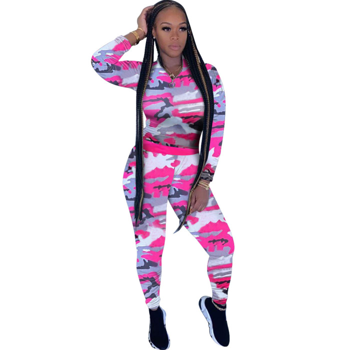 Tight Navy Camouflage Printed Long Sleeve Casual Sports Two Piece Set