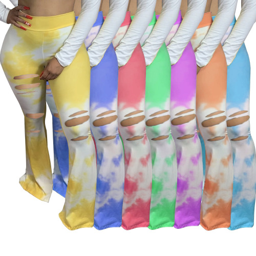 Tie-dye Stretch Hole Tight Casual Large Bell-bottom Trousers