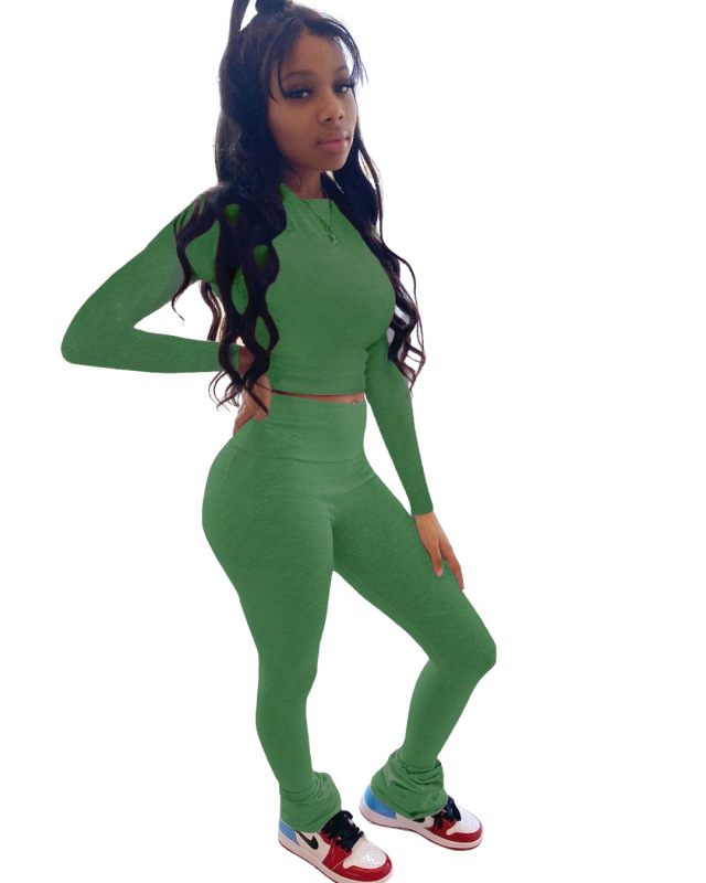 Solid-color Bell Bottoms Long Sleeves High Waist And Buttocks Two Piece Set