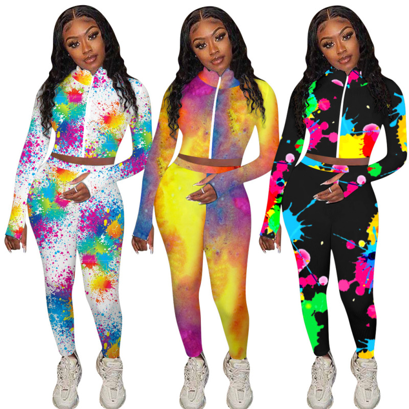 Printed Zipper Sweatpants Two-Piece Set