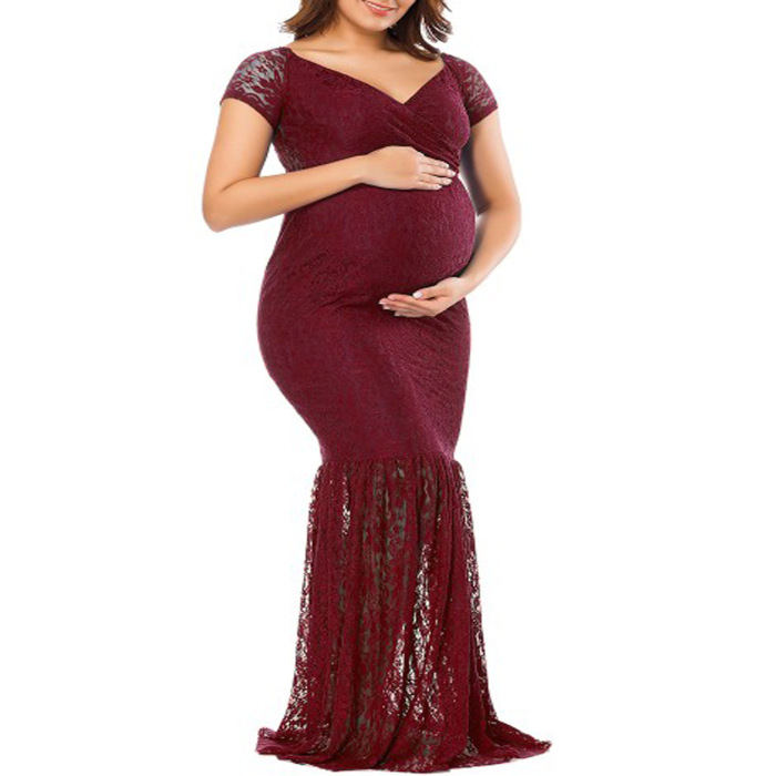 Sexy Deep V Neck Long Sleeve Lace Maternity Dress