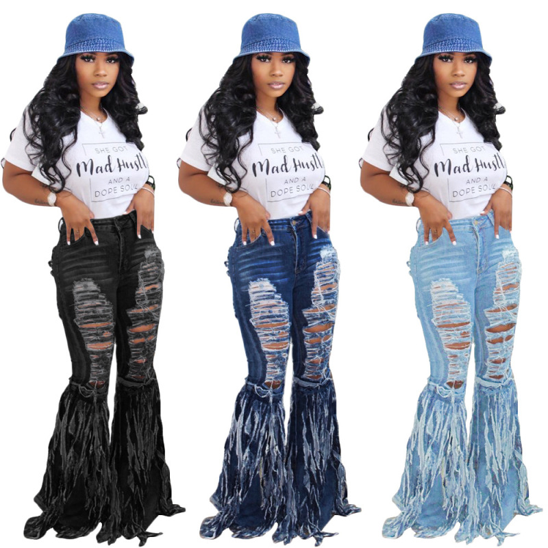 Denim Women Fringe Long Pants