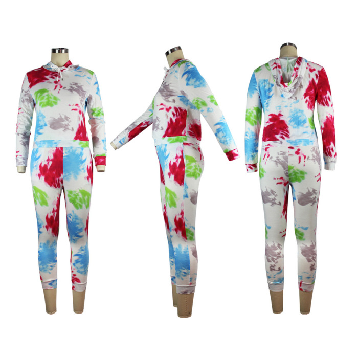 Causal Tie Dye Long Sleeved With Hat Two Piece Sport Set