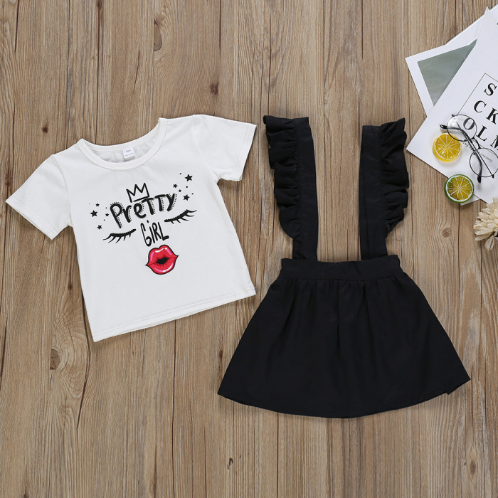 Letter Printed Short Sleeved With Suspends Two-Piece Set