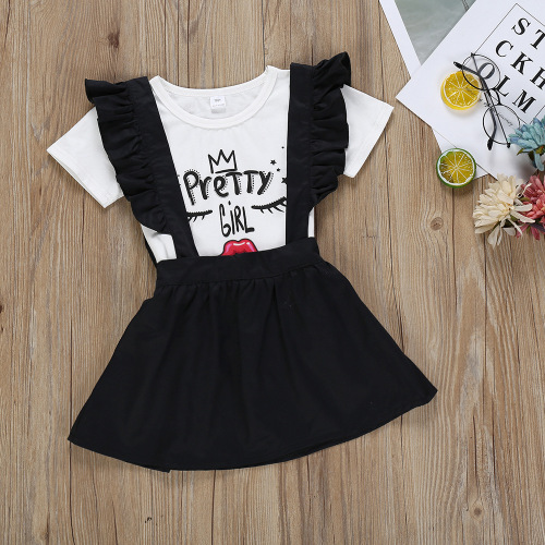 Letter Printed Short Sleeved With Suspends Two-Piece Set