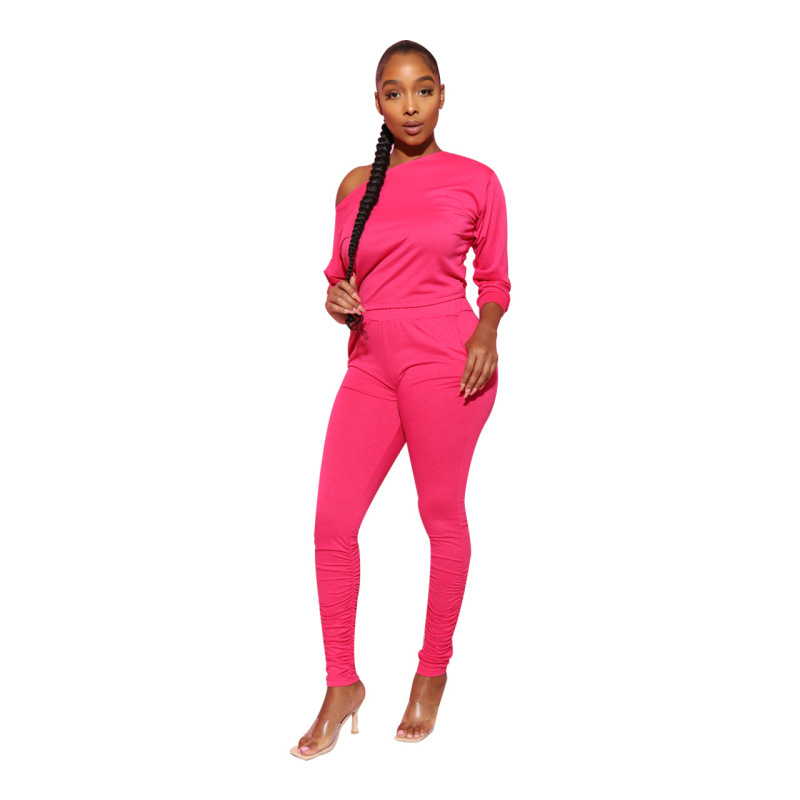 Long-Sleeved Off-The-Shoulder Pleated Trouser Two Piece Set
