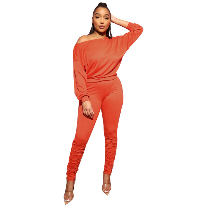 Long-Sleeved Off-The-Shoulder Pleated Trouser Two Piece Set