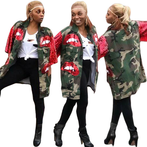 Camouflage Sequin Lip Printed Jacket