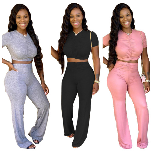 Pleated Tight Flared Trousers Two-Piece Set