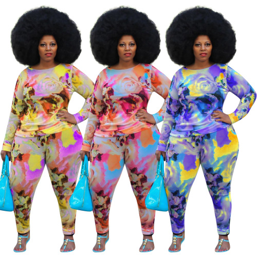 Color Printed Long Sleeve Two-Piece Set