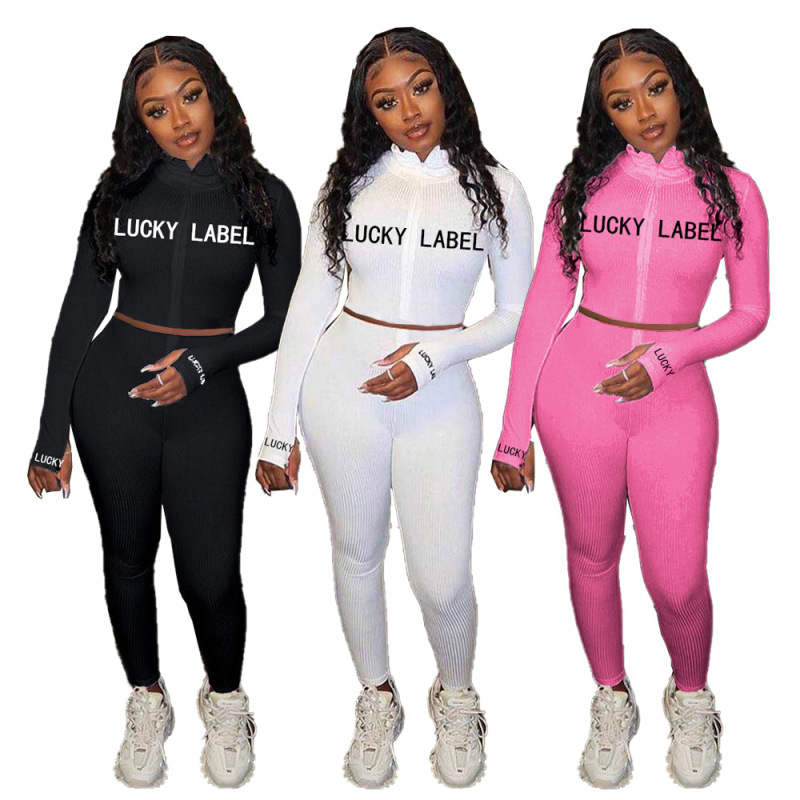 High collar Lucky Printed zipper sport two-piece Set