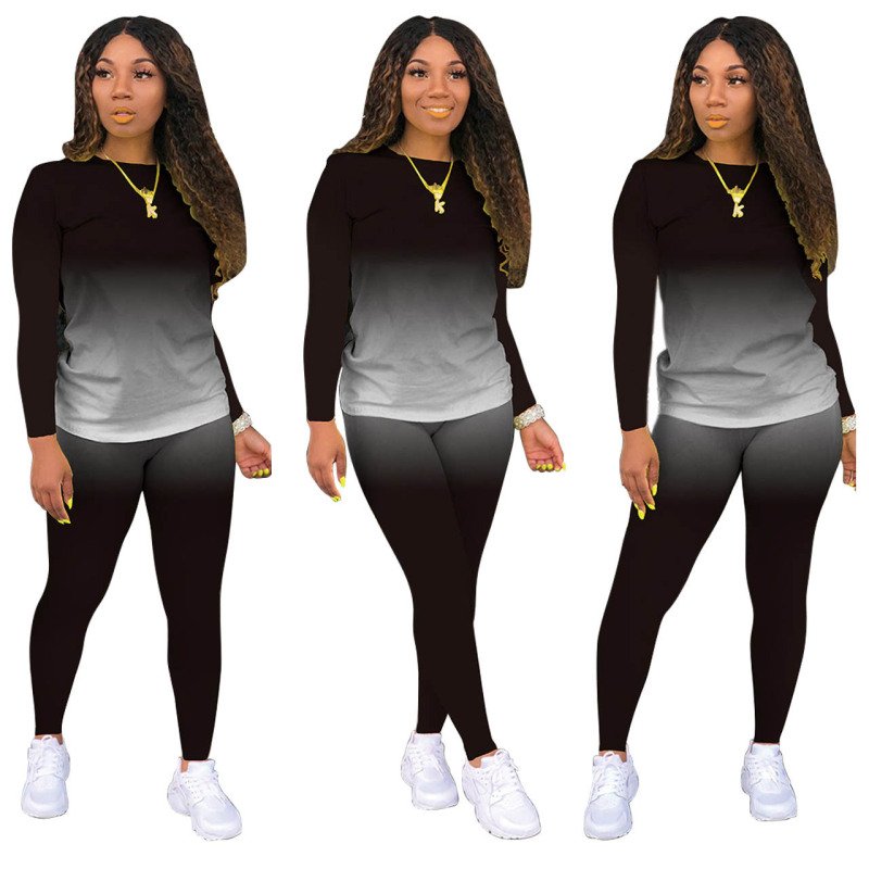 Classic Casual Plain Gradient Long Sleeve Two-Piece Set