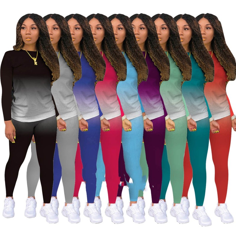 Classic Casual Plain Gradient Long Sleeve Two-Piece Set